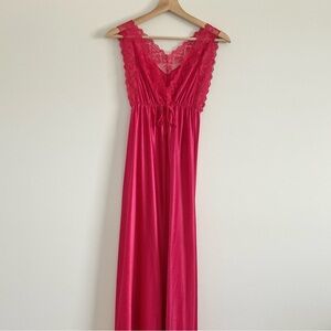 Vintage Red Satin Lace Trim Maxi Slip Dress Romantic Valentine Size M